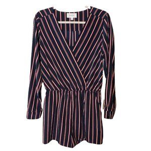 Striped Navy & Red Long-Sleeve Wrap Romper By‎ Korye pockets Size M